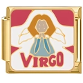 Detailed view of gold stainless steel Virgo zodiac charm with pink enamel text - Virgo (4320-Virgo Gold)