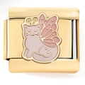 Détail du maillon de bracelet italien avec chat en émail rose et ailes en or 18 carats - Chat aux Ailes Roses Or (4222)