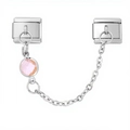 Detailed view of 9mm modular stainless steel safety chain with pink crystal charm - Pink Round Gemstone Style (4192)