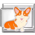 Macro detail of Italian modular charm featuring a colorful enamel corgi dog on silver steel - Cute Corgi