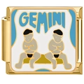 Macro shot of a golden stainless steel Gemini zodiac charm with enamel for modular bracelets - Gemini (4319-Gemini Gold)