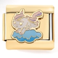 Detail of 18K gold Italian link charm featuring a colorful enamel unicorn on blue clouds - Surfing Unicorn Gold (4221)