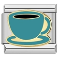 Detailed macro view of a stainless steel Italian charm with a teal coffee cup design - Navy Coffee Cup (4313)