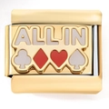 Detalle de eslabón de pulsera italiana en acero dorado con diseño All In y póker - Estilo Palos de Póker ALL IN (4242)