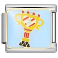 Close-up of stainless steel modular link with blue enamel and yellow number 1 trophy charm - Yellow Trophy Style (4254)