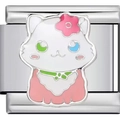 Detailed macro view of an Italian Charm with white enamel cat and pink flower design - Cartoon White Cat
