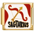 Detailed close-up of golden Sagittarius charm link with red bow icon and white enamel - Sagittarius (4315-Sagittarius Gold)