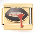 Detailed macro view of a gold-tone stainless steel link with a red dripping lips charm - Dripping Black Lips Gold (4218)