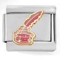 Italian charm with gold quill and ink pot design in pink enamel on stainless steel - Retro Quill Pen (4309)