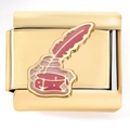 Abalorio italiano de 9mm dorado con pluma rosa en tintero para pulseras intercambiables - Estilo Pluma de Tinta Rosa (4245)
