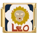 Detail of gold Italian charm link featuring an embossed Leo lion head and enamel lettering - Gold Leo (2361-Gold LEO)