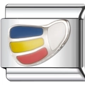 Macro detail of modular stainless steel charm link with blue, yellow, and pink enamel inlay - Abstract Color Blocks