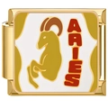 Macro detail of Aries zodiac Italian charm link in gold stainless steel with red text - Gold Aries (2360-Gold ARIES)