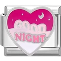 Detail of a heart-shaped stainless steel charm with pink enamel and Good Night text - Good Night Heart