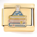 Detail of 18K gold Italian charm featuring laboratory flask on books in enamel finish - Lab Data Gold (4214)