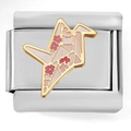 Detailed view of Italian modular charm with golden origami crane and pink enamel details - Pink Paper Crane (4305)