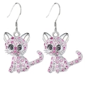 Sparkling pink rhinestone cat earrings with silver-tone base and cute animal design - Pink Cat Earrings