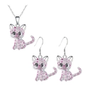 Cute pink rhinestone cat necklace and earrings jewelry set in polished silver finish - Pink Cat Jewelry Set