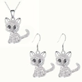 Cute sitting cat jewelry set with necklace and earrings featuring white sparkling crystals - White Cat Jewelry Set