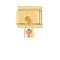 Italienisches modulares Goldarmband mit einem Schloss-Anhänger und rosa Kristallherz - Gold Rosa Herzschloss Stil (4474)