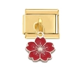 Italian charm link featuring a golden modular design with a red cherry blossom flower charm - Gold Red Bauhinia Flower Style (4458)
