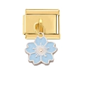 Macro view of modular gold charm with a delicate blue cherry blossom enamel pendant - Gold Blue Bauhinia Flower Style (4459)