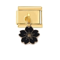 Close-up of golden Italian charm link with a black enamel cherry blossom flower pendant - Gold Black Bauhinia Flower Style (4460)