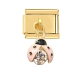 Detail eines goldenen Italian Charm Elements mit rosa Marienkäfer und Zirkonia-Stein - Gold Rosa Marienkäfer Stil (4463)