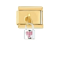 Makrofoto eines goldenen Edelstahl-Links mit silbernem Herzschloss und rosa Steinen - Gold Stil Rosa Herz Silberschloss (4476)