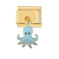 Nahaufnahme eines goldenen Charm-Glieds mit einem hellblauen Oktopus-Anhänger aus Emaille - Gold Blauer Oktopus Stil (4470)