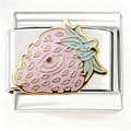 Italian charm bracelet link with strawberry design in pink and blue enamel on steel - Macaron Strawberry (4488)