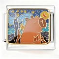 Macro detail of Italian charm link featuring Van Gogh starry sky and capybara art - Macaron Beaver (4494)