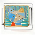 Macro shot of Italian charm bracelet link with colorful enamel cat art on stainless steel - Cartoon Cat (4495)