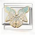 Detail of Italian charm bracelet link featuring a winged eye motif in blue and gold enamel - Macaron Angel Wings (4497)