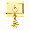 Goldenes modulares Armband-Element mit Weihnachtsbaum-Anhänger und blauem Stern - Goldener Weihnachtsbaum Weiß CZ (4756)