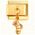Pendentif botte dorée style italien avec zircons blancs et gemmes rouges sur lien modulaire - Chaussette de Noël Or CZ (4758)