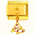 Détail d'un maillon modulaire doré avec un pendentif sapin de Noël aux pierres violettes - Gold Hollow Christmas Tree (4766)