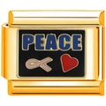 Gold stainless steel peace charm for modular bracelets with pink ribbon and red heart - Peace Sign Style (4847)