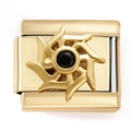 Italian modular charm in gold finish with a sunburst design and black gemstone center - Black Zircon Flywheel Gold (4893)