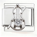 Italian charm bracelet link in silver stainless steel featuring a guitar with clear zircon - Zirconia Cello (4811)
