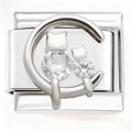 Italian charm bracelet link featuring a cute kitten design with sparkling zircon stones - Large and Small Cat Zirconia (4805)