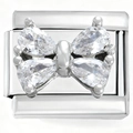 Macro shot of stainless steel Italian charm link featuring a crystal bow tie design - Zircon Butterfly Silver (4888)