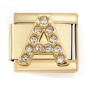 Macro shot of gold Italian charm link with letter A featuring sparkling cubic zirconia - Letter A