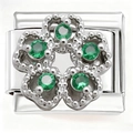 Detailed macro view of Italian charm link featuring a floral design with green gemstones - Green Zircon Five-Petal Flower (4802)