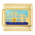 Italian charm bracelet link in gold stainless steel with blue enamel bridge design - Golden Harbor Bridge
