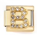 Macro view of gold stainless steel Italian charm module with sparkling letter B crystal - Letter B