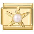 Macro shot of gold starfish charm with pearl inlay on modular stainless steel link - Pearl Starfish Style (4852)