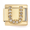 Gold Italian charm link with letter U featuring sparkling pave set cubic zirconia stones - Letter U