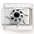 Macro detail of Italian charm link with black gemstone and sunburst design in steel - Black Zircon Flywheel Silver (4894)