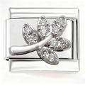Macro view of Italian charm link with leaf design and sparkling cubic zirconia stones - Silver Zircon Pave Willow (4808)